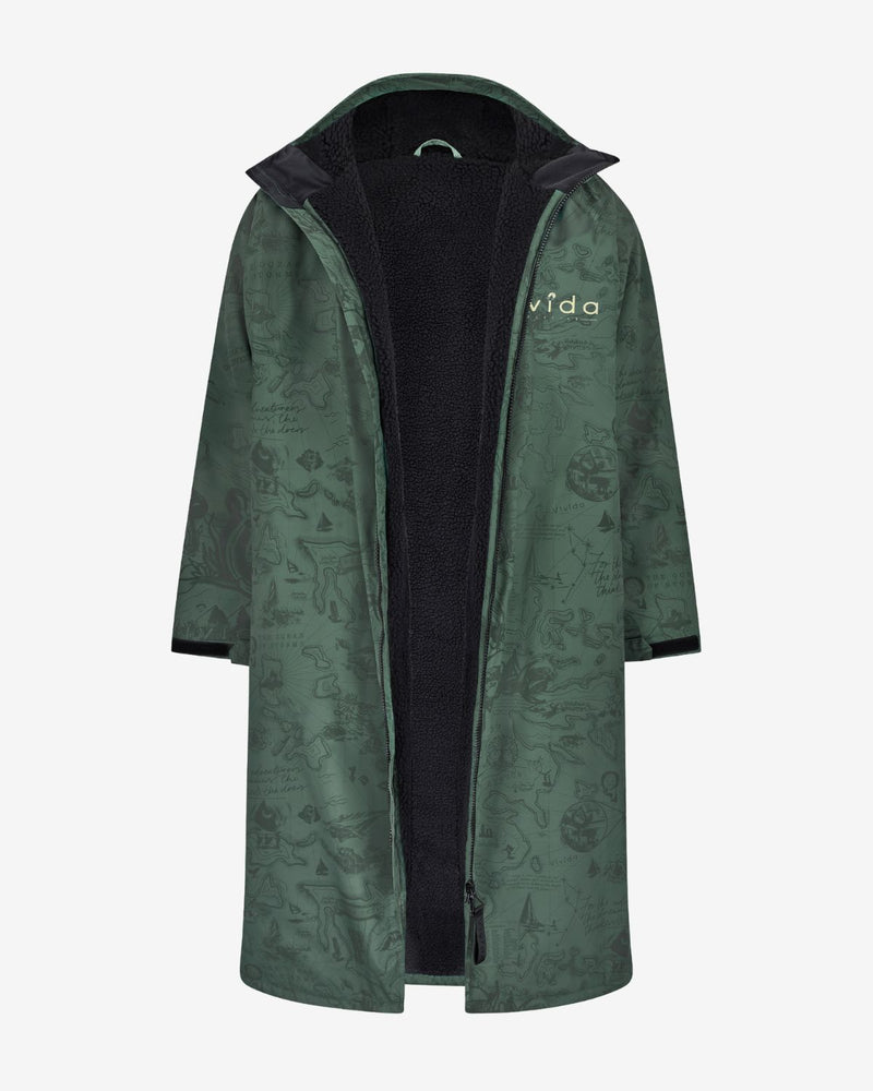 Studio image of a Vivida sherpa weatherproof changing robe Green Map of Dreams